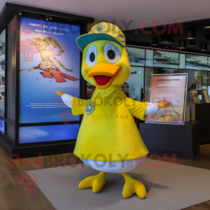 Yellow Muscovy Duck mascot costume character dressed with a One-Piece Swimsuit and Pocket squares