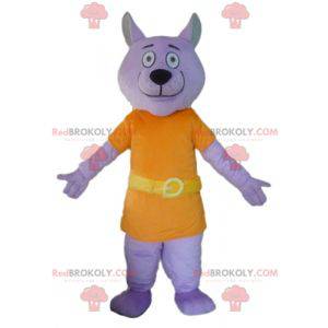 Mascota lobo púrpura vestida con un traje naranja -