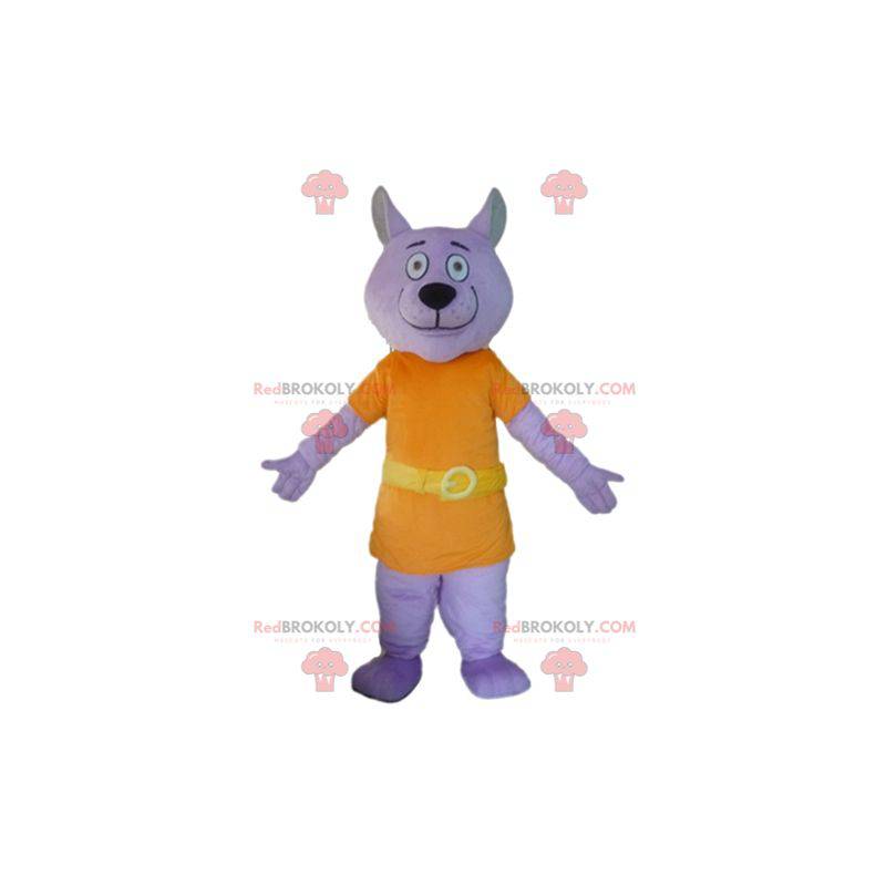 Mascote lobo roxo vestido com fantasia laranja - Redbrokoly.com