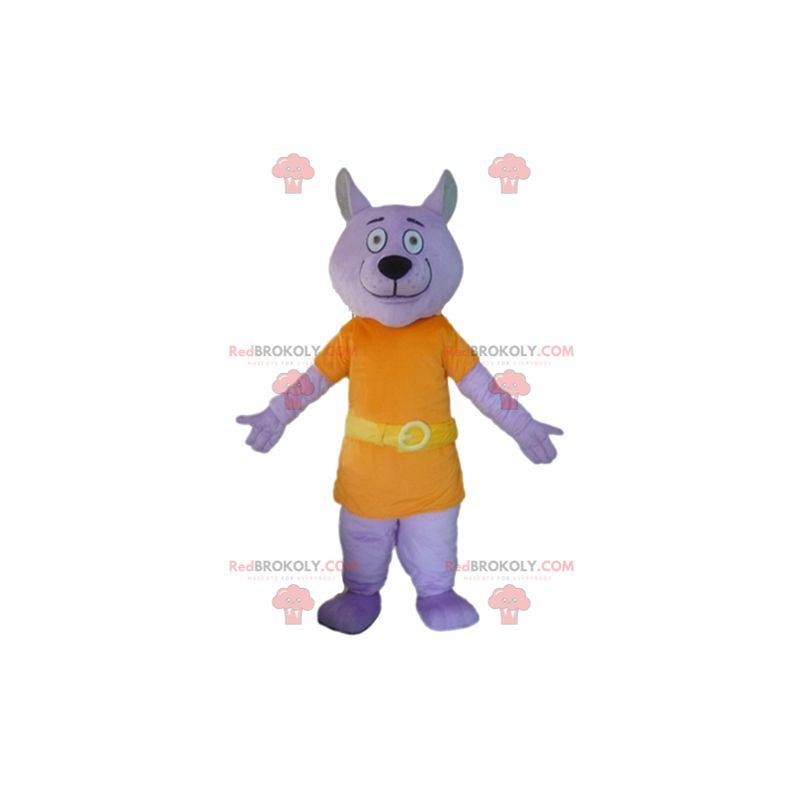 Mascotte de loup mauve habillé d'un costume orange - Mascotte de loup mauve habillé d'un costume orange -
