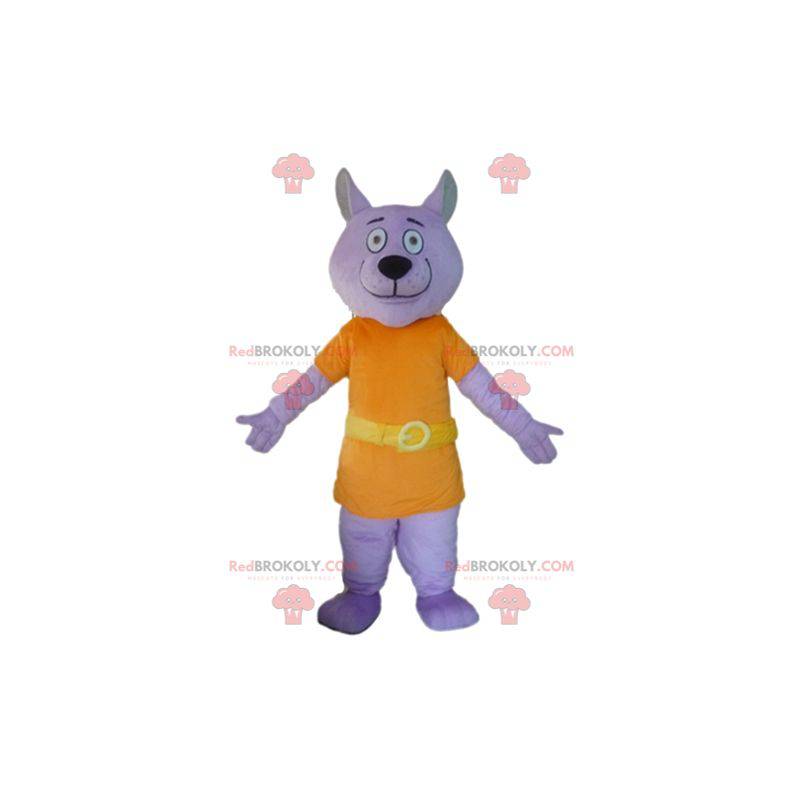 Mascotte de loup mauve habillé d'un costume orange -