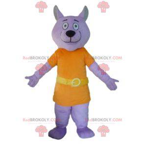 Mascotte lupo viola vestito con un costume arancione -