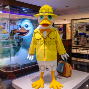 Yellow Muscovy Duck mascot costume character dressed with a One-Piece Swimsuit and Pocket squares