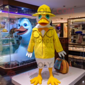 Yellow Muscovy Duck mascot costume character dressed with a One-Piece Swimsuit and Pocket squares