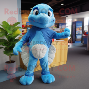 Sky Blue Sea Turtle mascot costume character dressed with a Jeans and Pocket squares