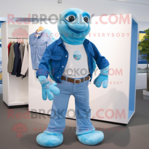 Sky Blue Sea Turtle mascot costume character dressed with a Jeans and Pocket squares