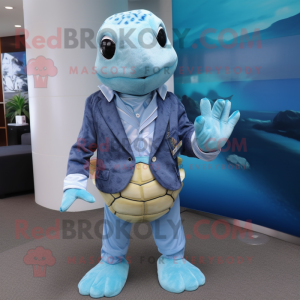 Sky Blue Sea Turtle mascot costume character dressed with a Jeans and Pocket squares