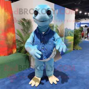 Sky Blue Sea Turtle mascot costume character dressed with a Jeans and Pocket squares