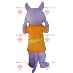 Mascote lobo roxo vestido com fantasia laranja - Redbrokoly.com