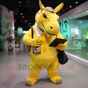 Yellow Rhinoceros mascot costume character dressed with a Bodysuit and Wallets