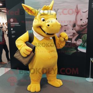 Yellow Rhinoceros mascot costume character dressed with a Bodysuit and Wallets