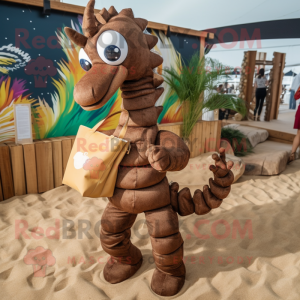 Brown Sea Horse mascot costume character dressed with a Playsuit and Handbags