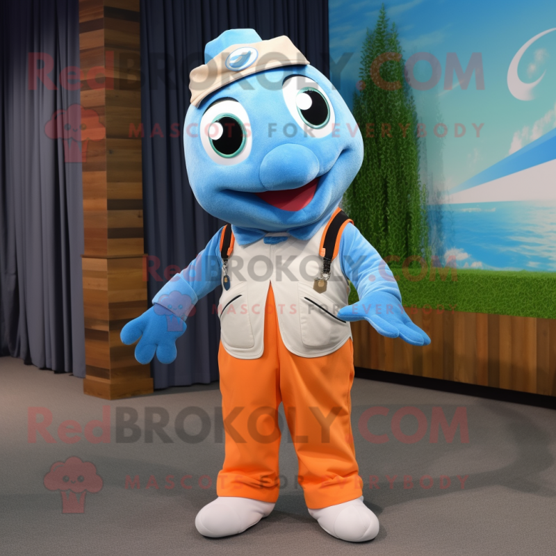 Sky Blue Salmon mascot costume character dressed with a Overalls and Suspenders