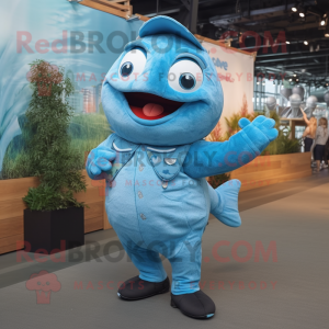 Sky Blue Salmon mascot costume character dressed with a Overalls and Suspenders