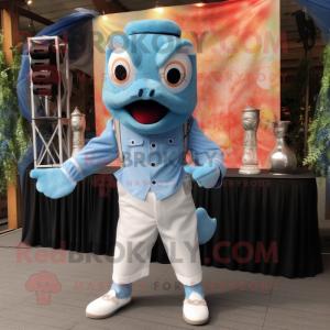 Sky Blue Salmon mascot costume character dressed with a Overalls and Suspenders