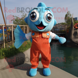 Sky Blue Salmon mascot costume character dressed with a Overalls and Suspenders