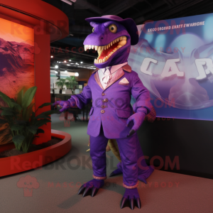 Purple Spinosaurus mascot costume character dressed with a Cover-up and Cufflinks