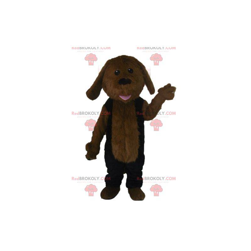 Mascotte de chien marron tout poilu en tenue noire -