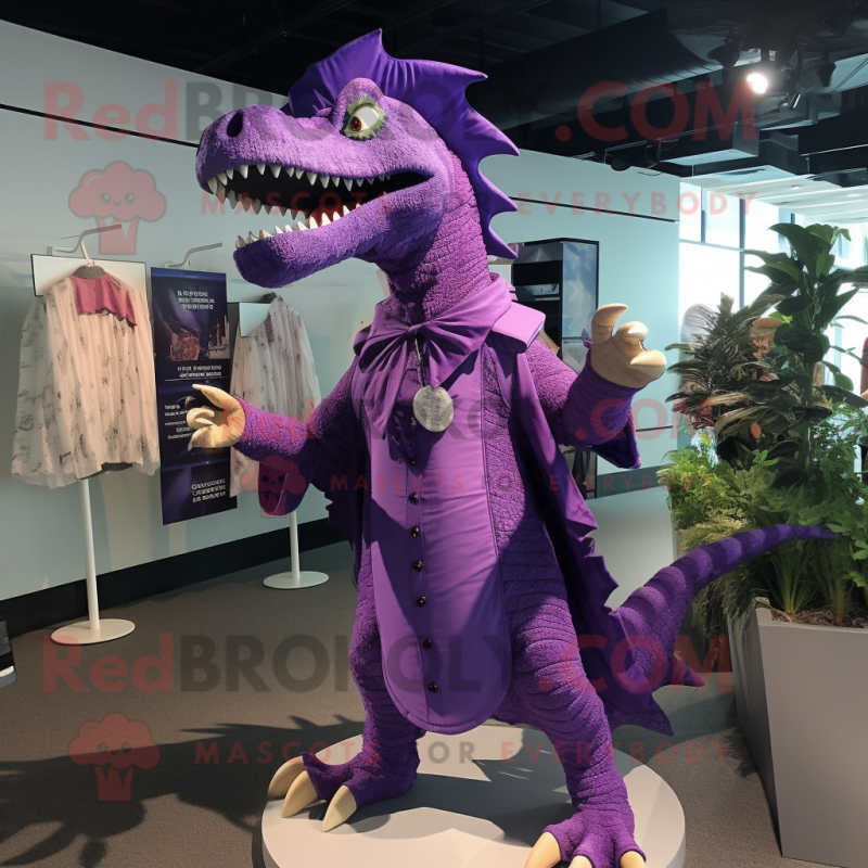 Purple Spinosaurus mascot costume character dressed with a Cover-up and Cufflinks