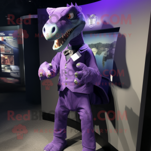 Purple Spinosaurus mascot costume character dressed with a Cover-up and Cufflinks