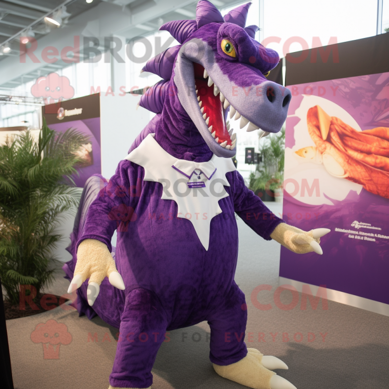 Purple Spinosaurus mascot costume character dressed with a Cover-up and Cufflinks Purple Spinosaurus mascot costume character dressed with a Cover-up and Cufflinks
