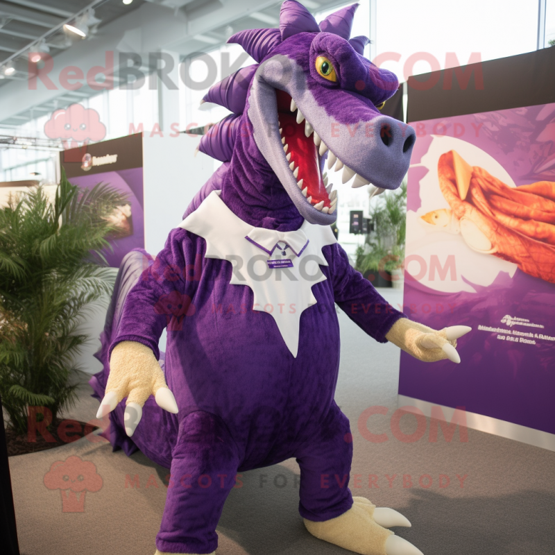 Purple Spinosaurus mascot costume character dressed with a Cover-up and Cufflinks