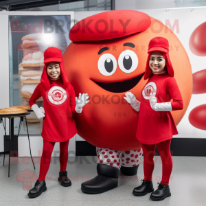 Red Bagels mascot costume character dressed with a Leggings and Berets