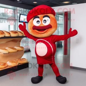 Red Bagels mascot costume character dressed with a Leggings and Berets