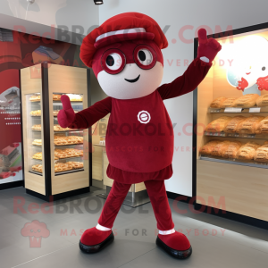 Red Bagels mascot costume character dressed with a Leggings and Berets