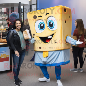 Silver Grilled Cheese Sandwich mascot costume character dressed with a Mom Jeans and Briefcases