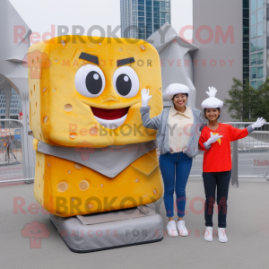 Silver Grilled Cheese Sandwich mascot costume character dressed with a Mom Jeans and Briefcases