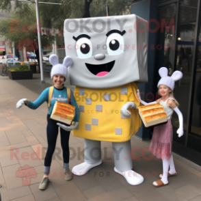 Silver Grilled Cheese Sandwich mascot costume character dressed with a Mom Jeans and Briefcases