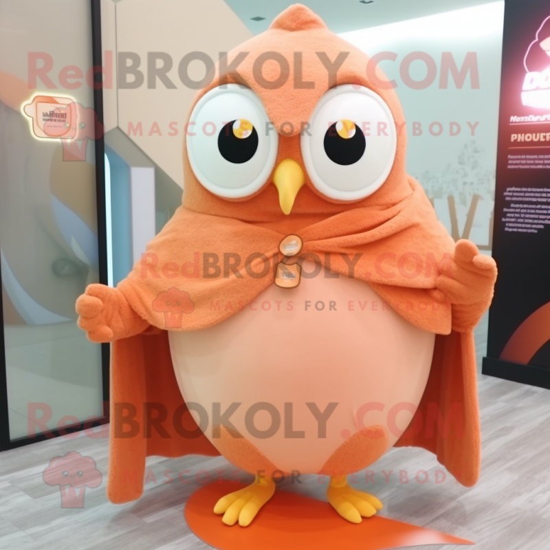 Peach Owl mascot costume character dressed with a Bodysuit and Shawl pins Peach Owl mascot costume character dressed with a Bodysuit and Shawl pins