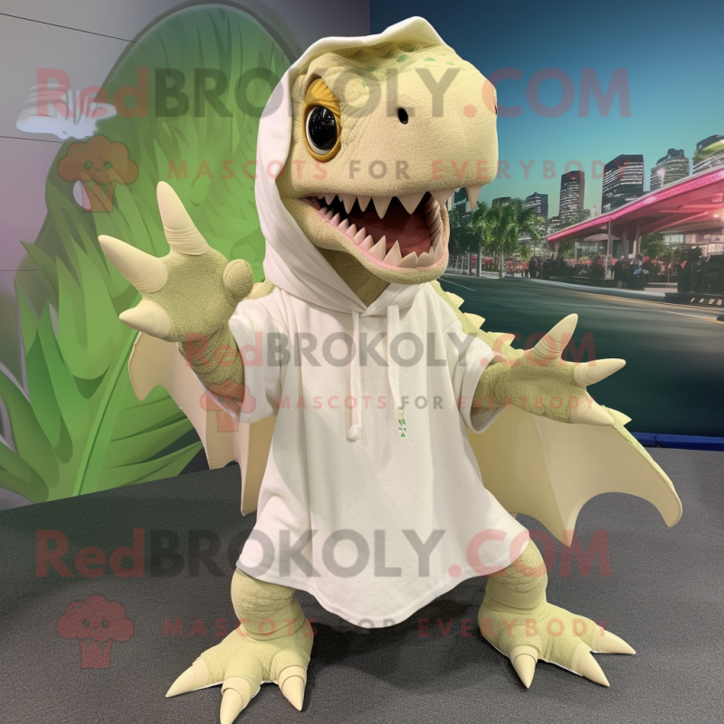 Cream Spinosaurus mascot costume character dressed with a Hoodie and Hairpins