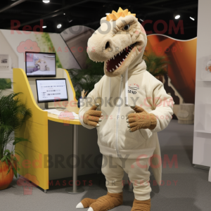 Cream Spinosaurus mascot costume character dressed with a Hoodie and Hairpins