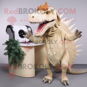 Cream Spinosaurus mascot costume character dressed with a Hoodie and Hairpins