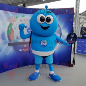Blue Tennis Racket mascot costume character dressed with a V-Neck Tee and Smartwatches