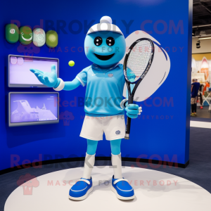 Blue Tennis Racket mascot costume character dressed with a V-Neck Tee and Smartwatches