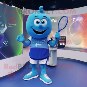 Blue Tennis Racket mascot costume character dressed with a V-Neck Tee and Smartwatches