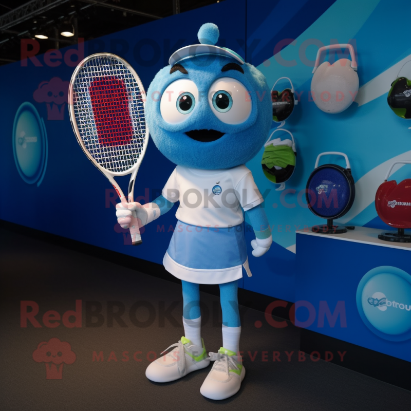 Blue Tennis Racket mascot costume character dressed with a V-Neck Tee and Smartwatches Blue Tennis Racket mascot costume character dressed with a V-Neck Tee and Smartwatches