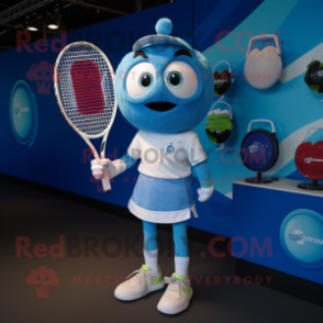 Blue Tennis Racket mascot costume character dressed with a V-Neck Tee and Smartwatches