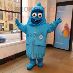 Blue Tikka Masala mascot costume character dressed with a Raincoat and Backpacks