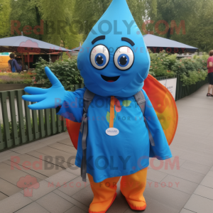 Blue Tikka Masala mascot costume character dressed with a Raincoat and Backpacks