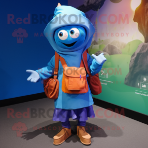 Blue Tikka Masala mascot costume character dressed with a Raincoat and Backpacks