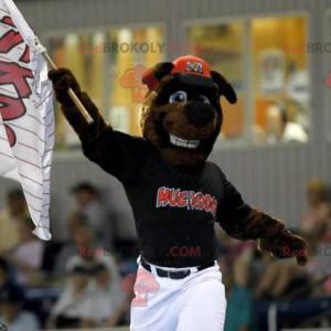 Mascote cachorro marrom em roupas esportivas brancas e pretas -