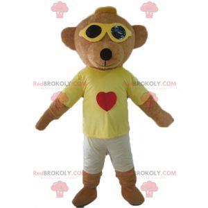Mascota del oso de peluche marrón en traje colorido con gafas -