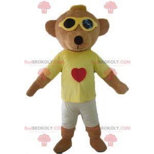 Mascotte bruine teddybeer in kleurrijke outfit met bril -