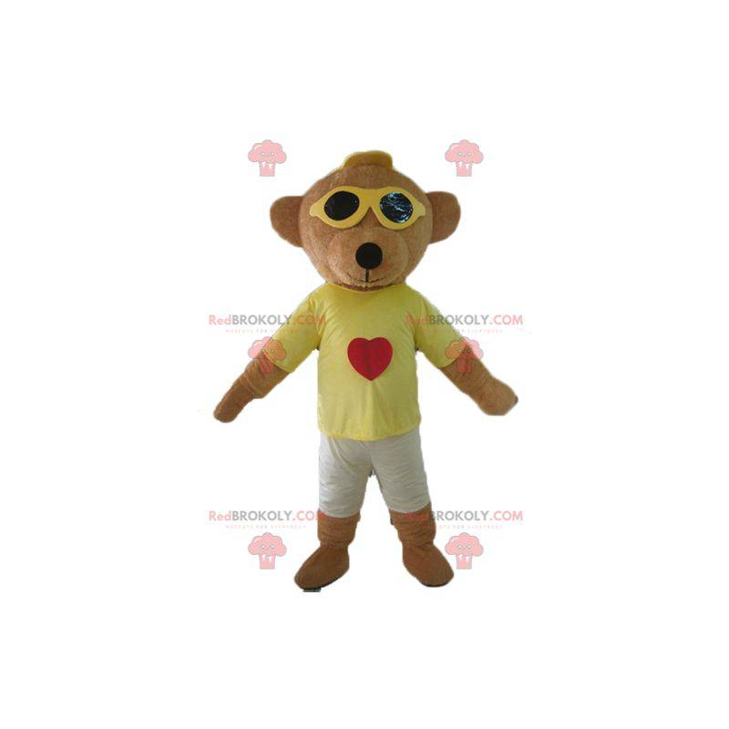 Brown teddy bear mascot in colorful outfit with glasses -