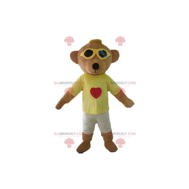 Mascota del oso de peluche marrón en traje colorido con gafas - Mascota del oso de peluche marrón en traje colorido con gafas -