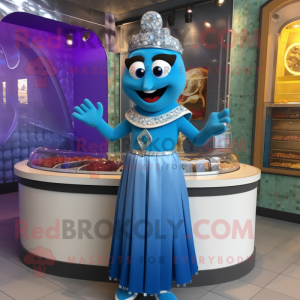 Blue Falafel mascot costume character dressed with a Ball Gown and Bracelet watches